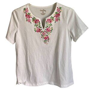 Coral Bay Floral Embroidered Notch Neck Short Sleeve Top Women's Petite Medium
